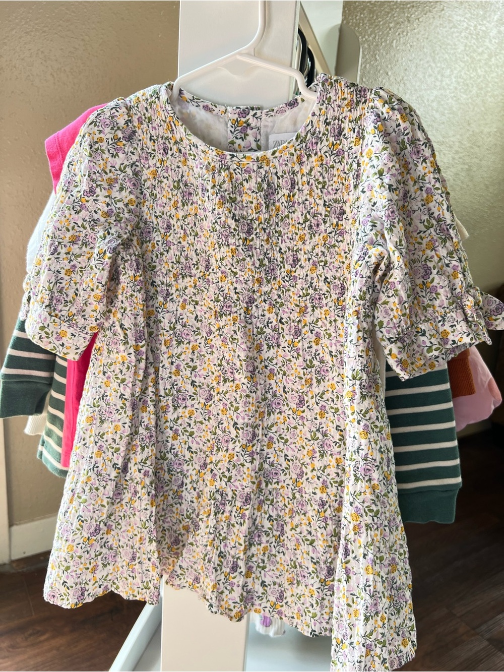 Zara White Floral Smocked Dress with Purple & Yellow Blossoms